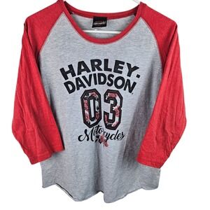 Harley Davidson Motorcycles Baseball T Shirt Red Grey Graphic Print Ladies L